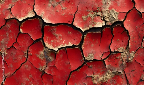 Cracked red paint texture revealing a textured underlayer with earth tone colors photo