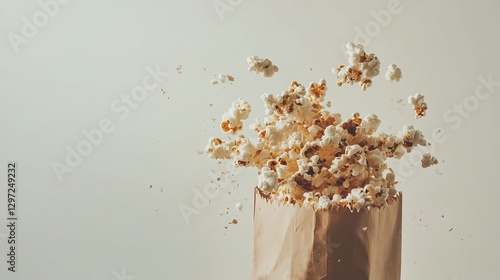 A paper bag of popcorn spills across a white background. 