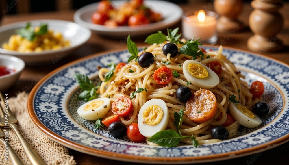 Plate of pasta with tomatoes, olives, and boiled eggs served with fresh herbs, side dishes, and candlelight. Plate of pasta with tomatoes, olives, and boiled eggs served with fresh herbs, side dishes, and candlelight.