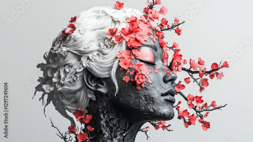 Surreal Portrait of a Woman with Black Cracked Skin and Blooming Red Flowers
