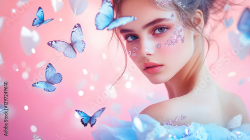 Dreamy Portrait of a Woman with Sparkling Makeup and Floating Butterflies