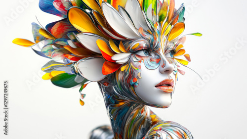 Futuristic Metallic Portrait of a Woman with a Vibrant Multicolored Flower