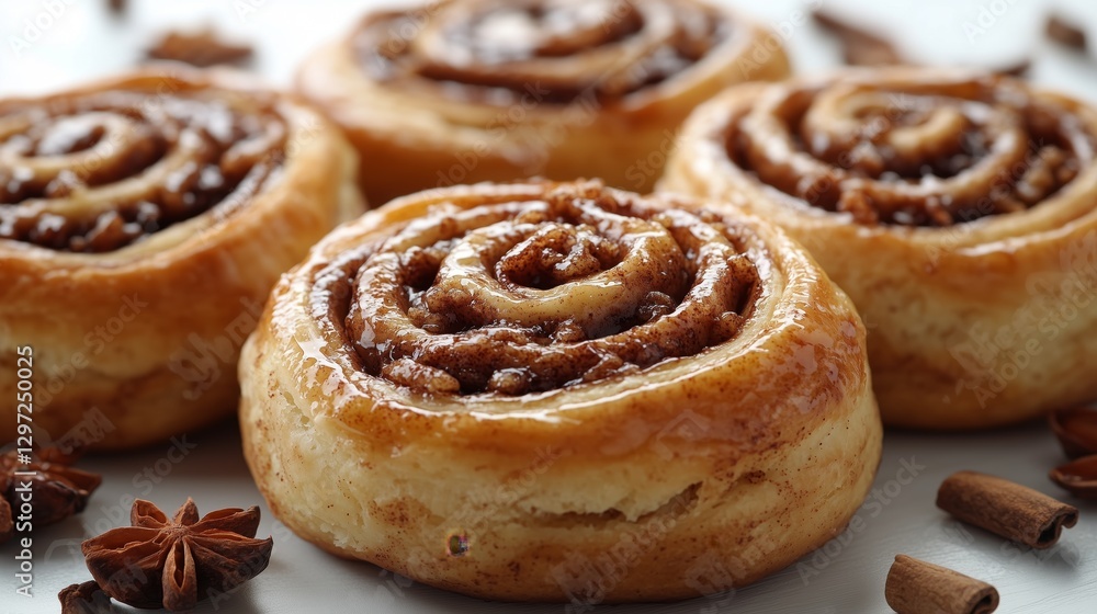 Three freshly baked cinnamon rolls with golden brown pastry Three freshly baked cinnamon rolls with golden brown pastry