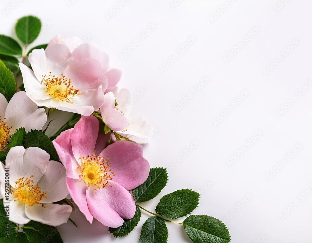 Beautiful arrangement of wild rose pink and white flowers with green leaves on a light background Beautiful arrangement of wild rose pink and white flowers with green leaves on a light background