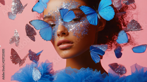 Dreamy Portrait of a Woman with Sparkling Makeup and Floating Butterflies