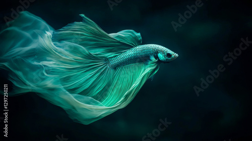 Elegant turquoise betta fish with flowing fins against a dark aquatic background