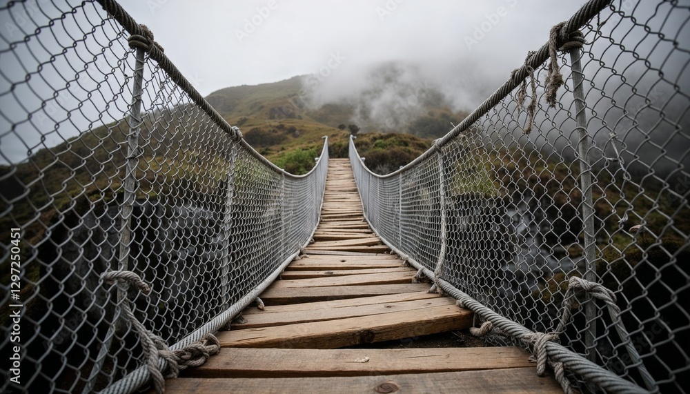 Suspended rope bridge over deep ravine with misty mountain background, dramatic adventure scene. Suspended rope bridge over deep ravine with misty mountain background, dramatic adventure scene.