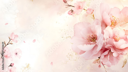 A delicate watercolor floral background featuring soft pink peonies, roses, and cherry blossoms painted in gentle pastel tones. it perfect for invitations, greeting cards, branding, and decorative 