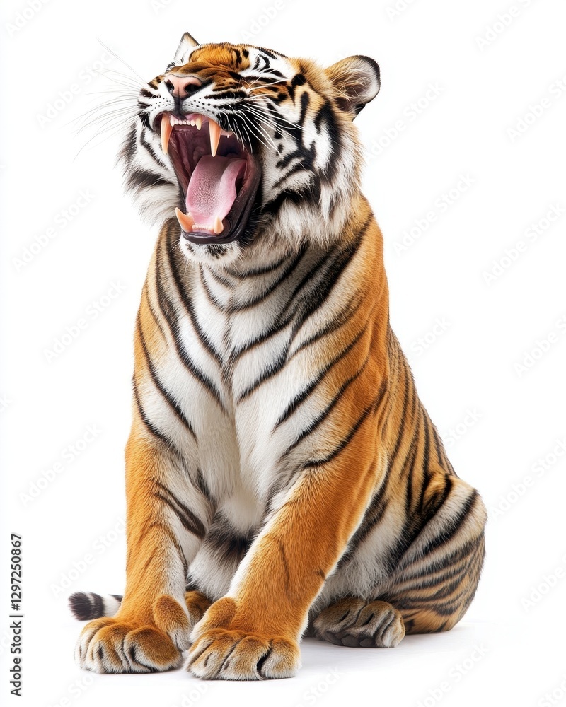 Naklejka premium Majestic Tiger Roaring in Isolation Against White Canvas