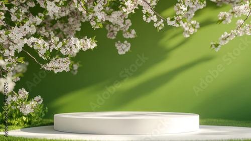 White Circular Display Platform with Blooming Cherry Blossoms on a Green Background