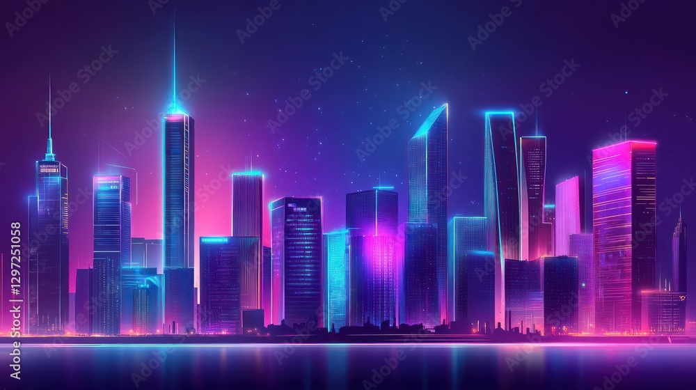 Naklejka premium A futuristic skyline with vibrant neon illuminated skyscrapers