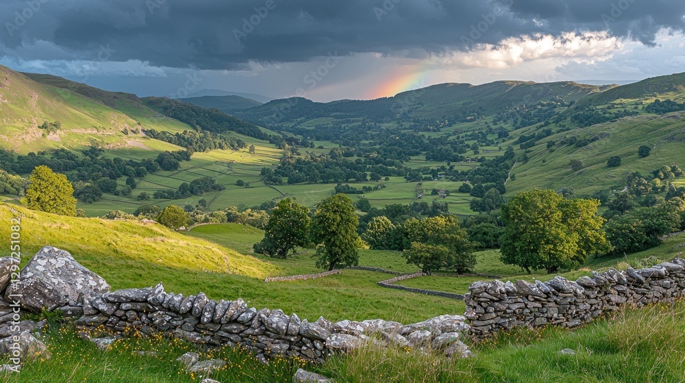 Scenic valley landscape with rainbow after storm. Scenic valley landscape with rainbow after storm.