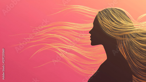  A sleek and modern minimalist vector illustration of a woman’s silhouette with flowing hair, elegantly designed in gold against a soft pink gradient background. Ideal for beauty, fashion, wellness,