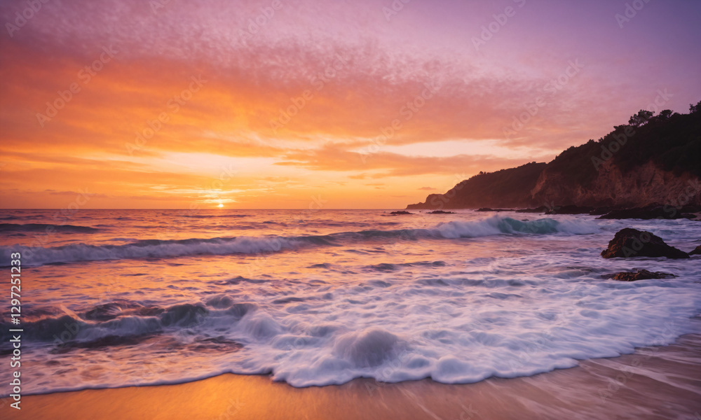 Obraz premium Golden Sunset Over Ocean Waves on a Peaceful Beach