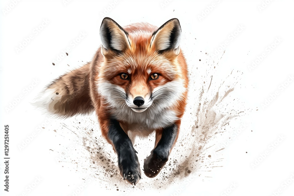 Fototapeta premium Fox is running through the dirt, with its tail in the air