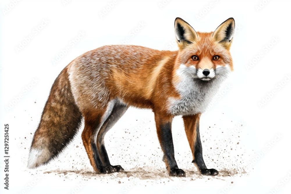 Fototapeta premium Fox is standing in the dirt, looking at the camera