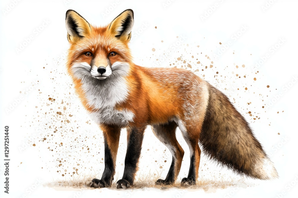 Fototapeta premium Fox is standing in the dirt with its tail curled up