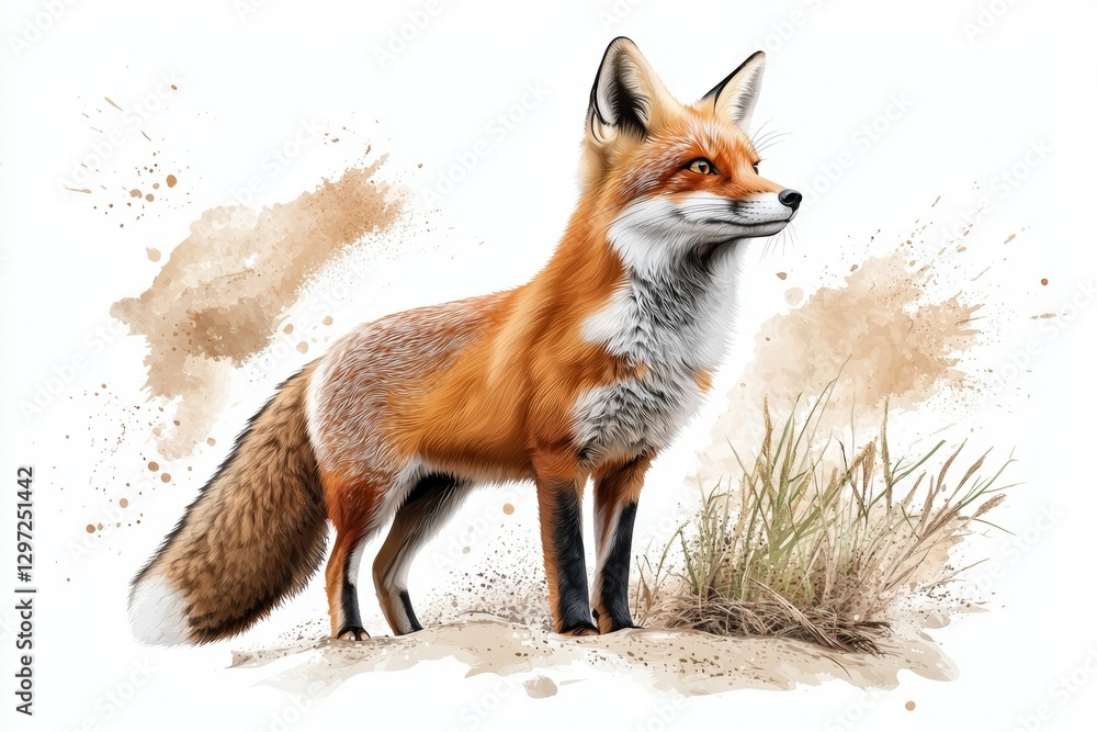 Obraz premium Fox stands in the sand, looking at the camera