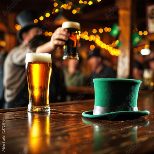 Saint Patricks day product display podium background, Irish Pub Celebration Scene, dark oak bar table, figures raising glasses of stout beer, green top hats resting on barstools, ad, podium platform photo