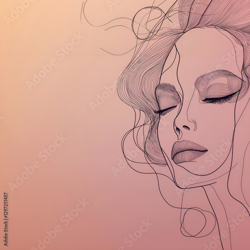 Minimalist one-line art of a graceful woman’s face. Smooth, flowing lines with a refined pastel pink backdrop and subtle golden details for a stylish and modern composition