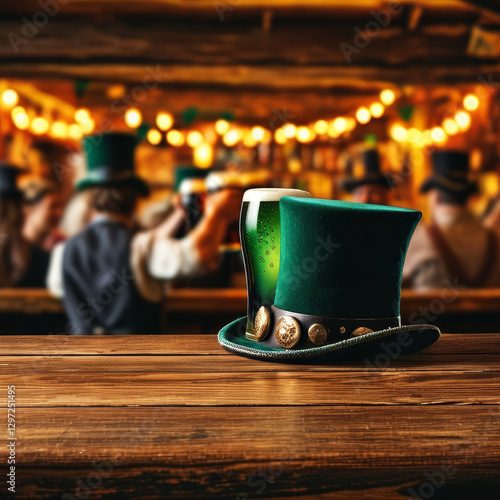 Saint Patricks day product display podium background, Irish Pub Celebration Scene, dark oak bar table, figures raising glasses of stout beer, green top hats resting on barstools, ad, podium platform photo