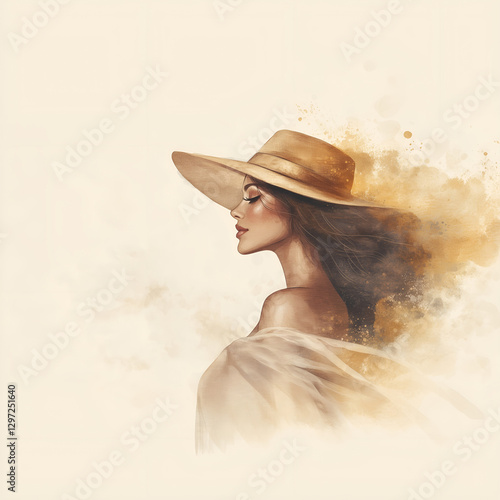 A stylish watercolor fashion illustration of a confident woman wearing an elegant hat and a flowing dress. Light beige background with subtle golden dust accents