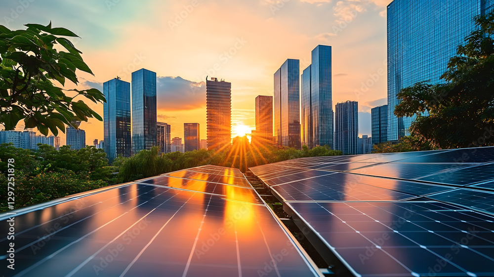 Fototapeta premium Solar energy in an urban environment at sunset with modern buildings