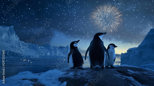 Penguins Watching Fireworks on a Snowy Winter Night