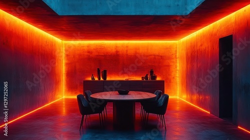 Modern dining room interior, vibrant LED lighting, concrete walls, contemporary design photo