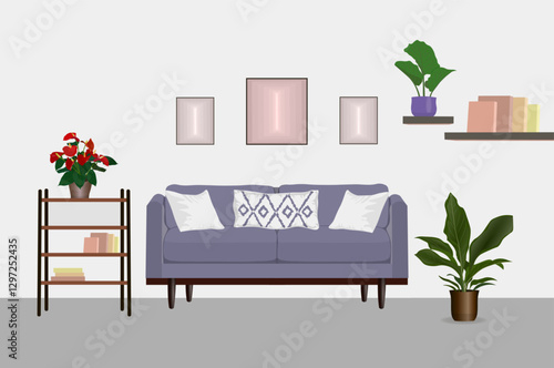 Modern living room with furniture. Cozy apartment furnished with sofa, adorned with decorative cushions, bookcase, shelves. Home interior design with house plants potted and pictures. Not AI generated
