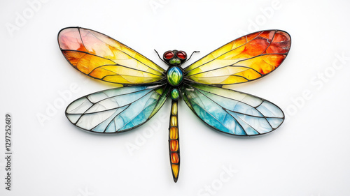 Vibrant stained-glass dragonfly sculpture with intricate colorful wings on a delicate green stem
