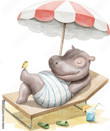 Cute cartoon little hippopotamus character animal in swimsuit clothes lies and relaxes on the beach under umbrella isolated on white background. Watercolor hand vector drawn illustration sketch