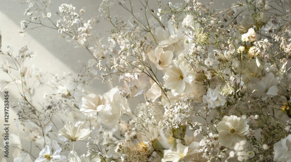 Sunlit arrangement of creamy white flowers and greenery.