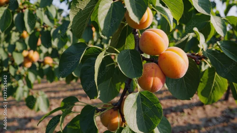 A close-up of ripe golden-orange apricots hanging from a tree branch with green leaves, illuminated by warm sunlight in an orchard setting with blurred trees in the background A close-up of ripe golden-orange apricots hanging from a tree branch with green leaves, illuminated by warm sunlight in an orchard setting with blurred trees in the background