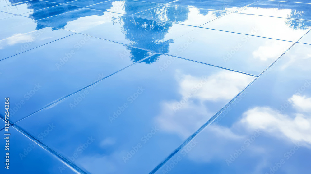 Fototapeta premium Modern architectural glass roof with reflective sky and tree textures for design