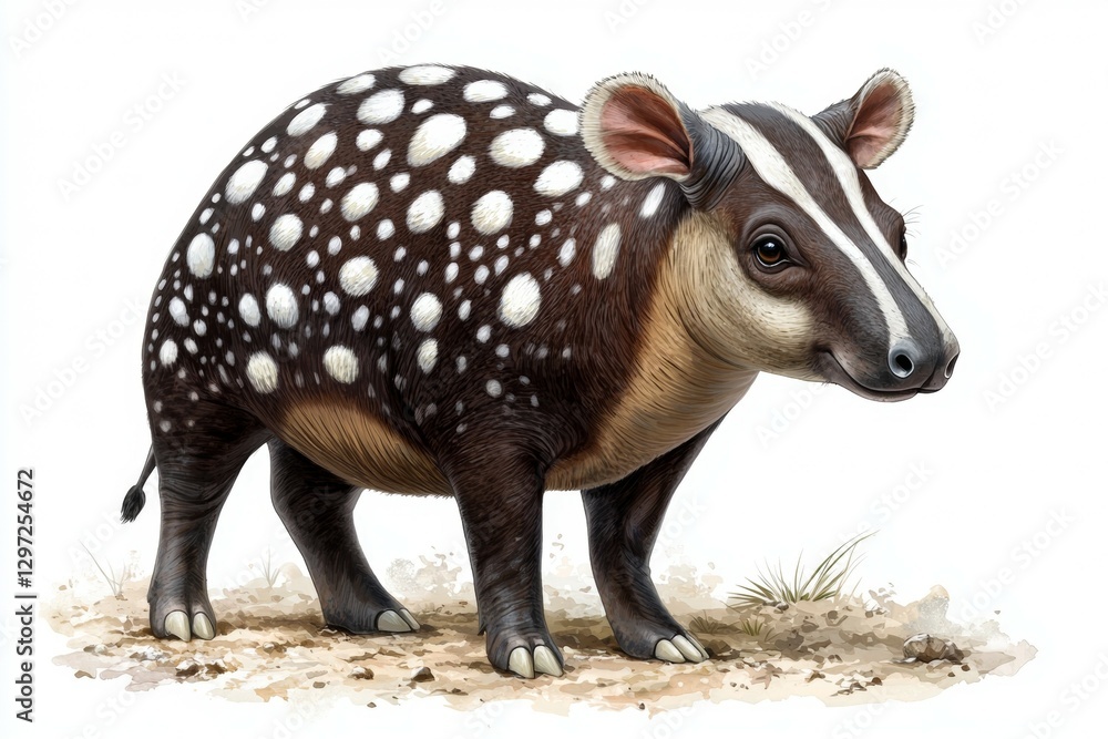 Fototapeta premium Small animal with white spots and black stripes is standing on the ground