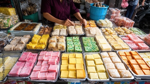 Traditional Malay Kuih Display in Pasar Malam Stall at Raya Festival