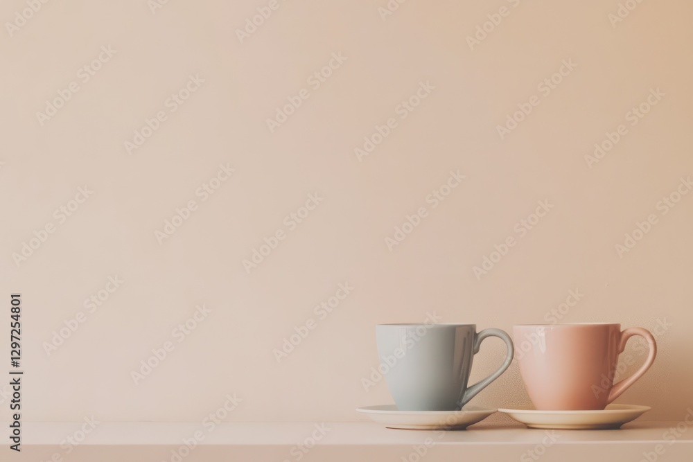 Two ceramic cups on saucers against a neutral background Two ceramic cups on saucers against a neutral background