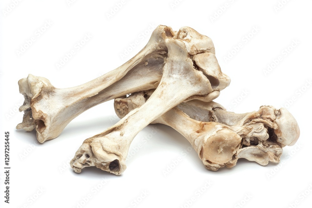Fototapeta premium Isolated Turkey Bones - Closeup of Remains from a Leg on a White Background Waste Disposal