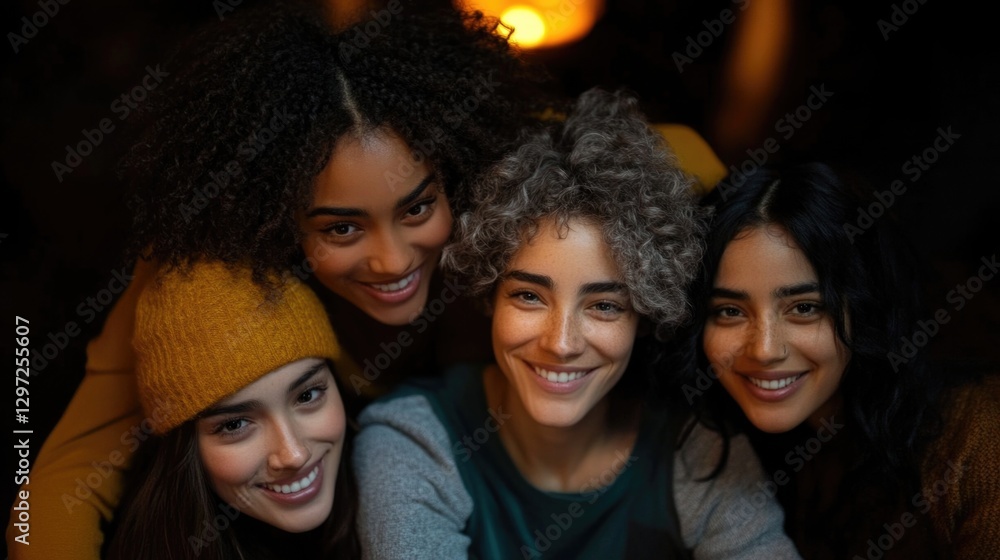 Fototapeta premium Four young hispanic women smiling together at night outdoors in cozy sweaters