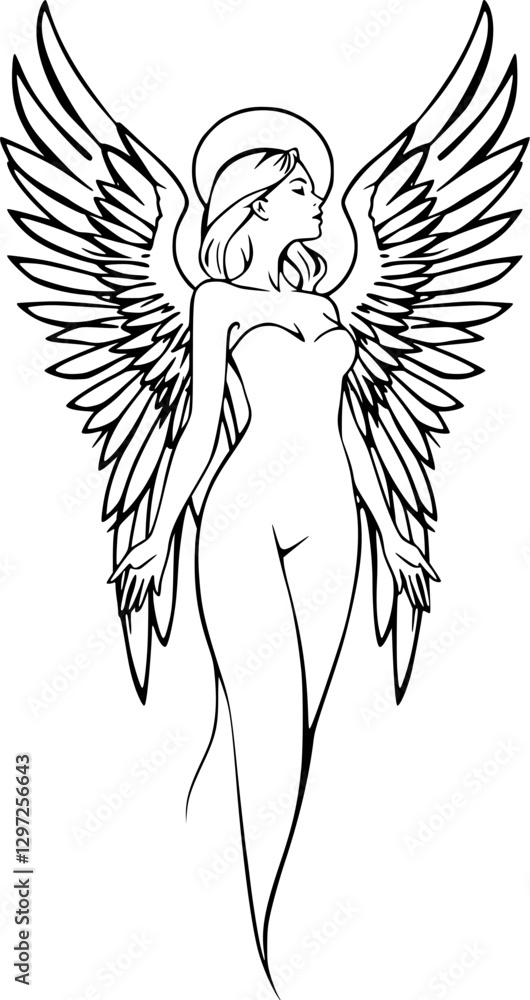Minimalist outline of a woman with angel wings spiritual and ethereal style. Minimalist outline of a woman with angel wings spiritual and ethereal style.