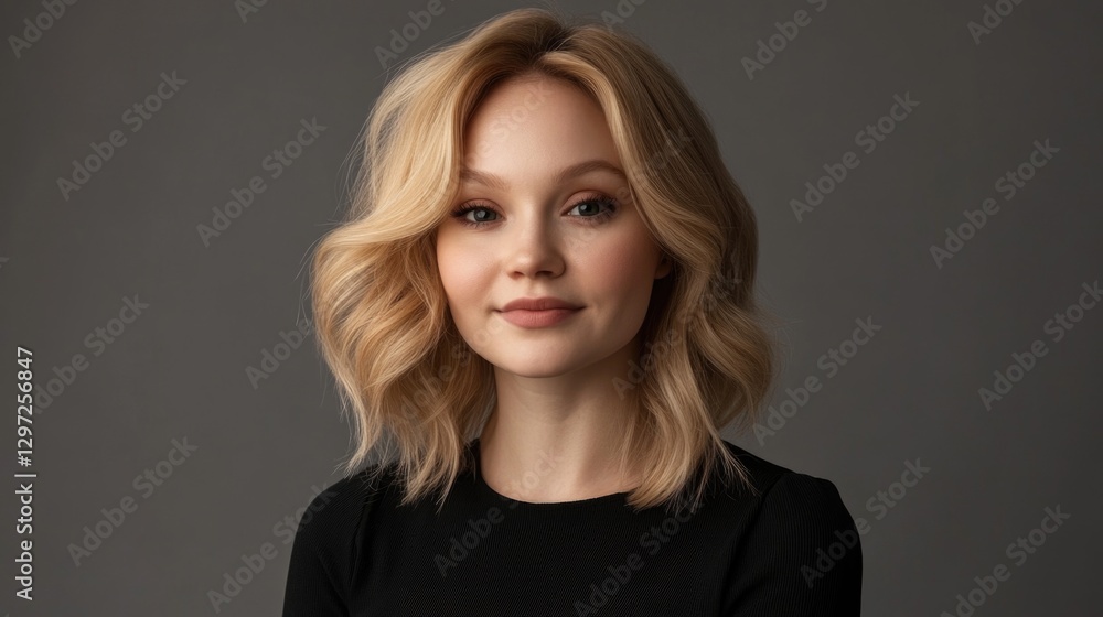 Fototapeta premium Young caucasian female with blonde hair and wavy hairstyle in black top