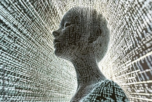 Digital Consciousness: A striking digital rendering of a human figure merging with a matrix of binary code, symbolizing the intersection of humanity and technology.
