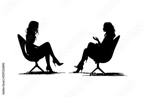 Two women sitting in chairs, silhouette style, on white background. Concept of conversation, therapy, or interview. Concept of psychotherapy session