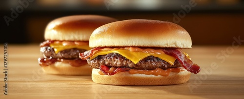 Two Bacon Cheeseburgers on Wooden Surface