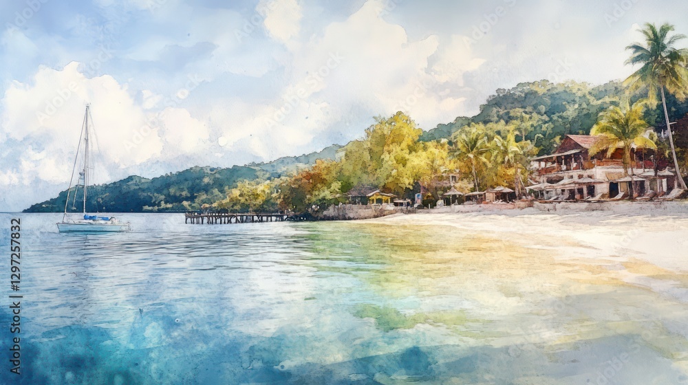 Obraz premium A Beautiful Seaside Scene With Sailboat And Tropical Beach Landscape