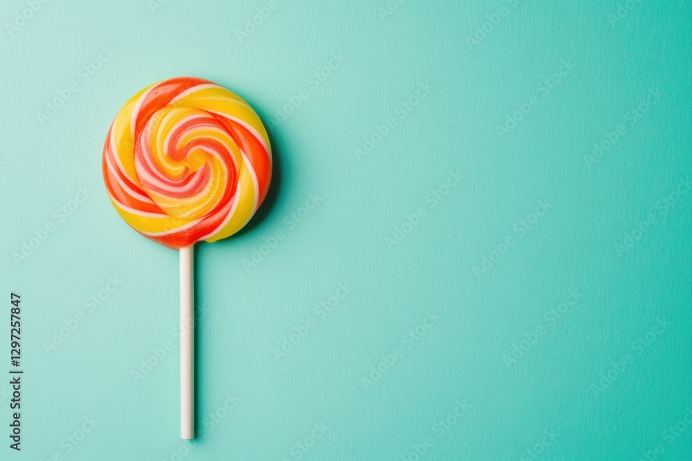 A Colorful Swirl Lollipop Is Positioned Against A Turquoise Background A Colorful Swirl Lollipop Is Positioned Against A Turquoise Background