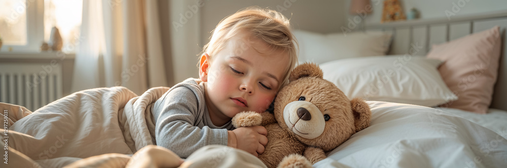 little boy sleeping with teddy bear in bed, morning little boy sleeping with teddy bear in bed, morning