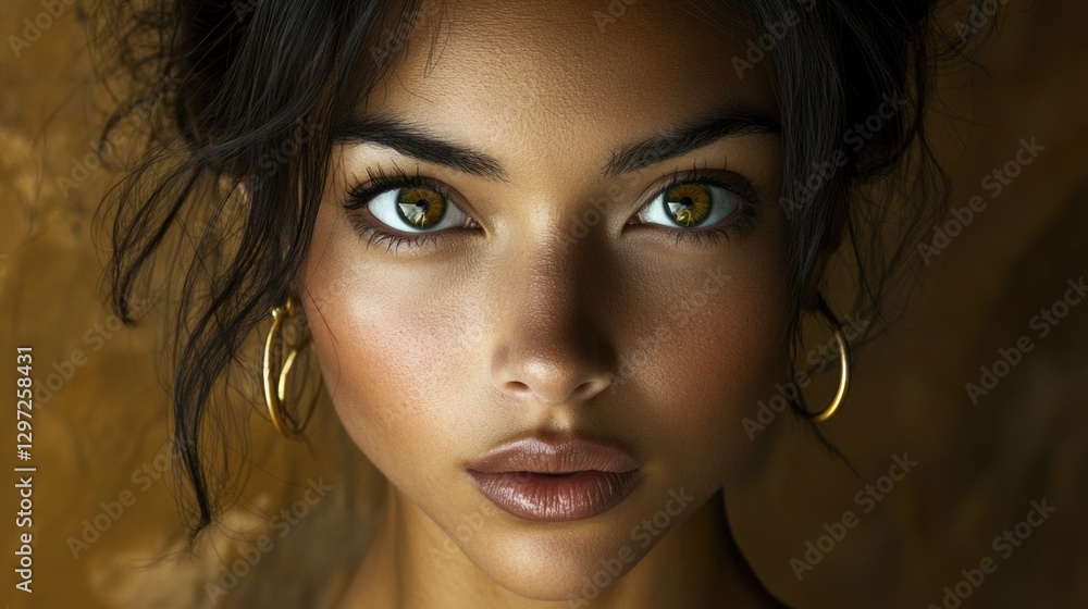 Fototapeta premium Stunning beauty of young hispanic female with striking eyes and gold hoop earrings