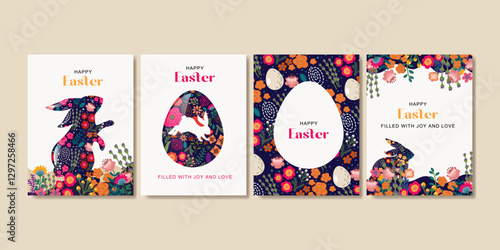 Happy easter greeting collection with beautiful flower for labels, social media, cover, banner and cards